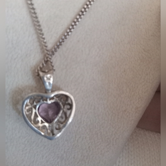Amethyst Heart shape Sterling Silver necklace made in Italy .925  9 in drop - Picture 2 of 7